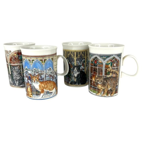 4 Dunoon window Christmas Cat Mugs Sue Scullard Stoneware Made Scotland Vintage - Picture 1 of 11